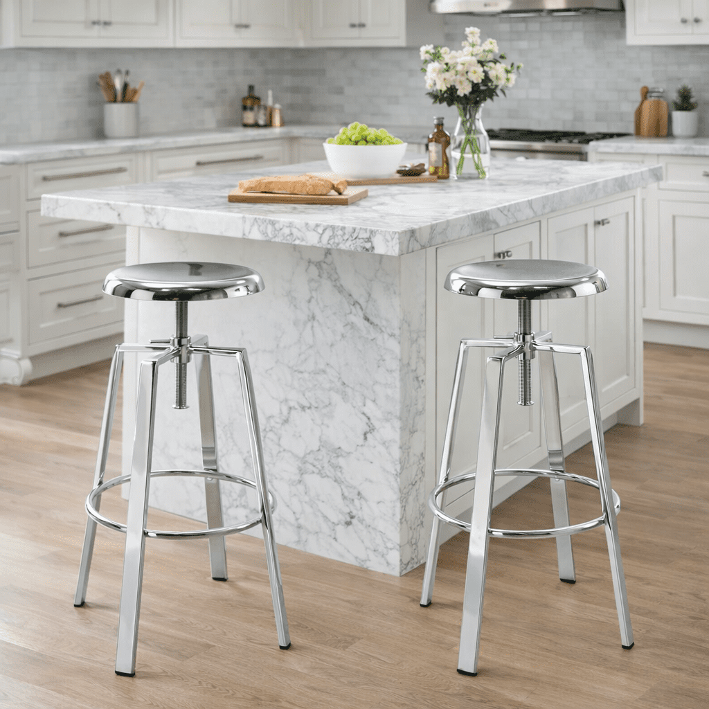 Industrial Bar Stools Set of 2, Metal Adjustable Swivel Four Legged Round Barstools, Atlas Backless Counter Height Bar Chairs for Kitchen Dining, Silver