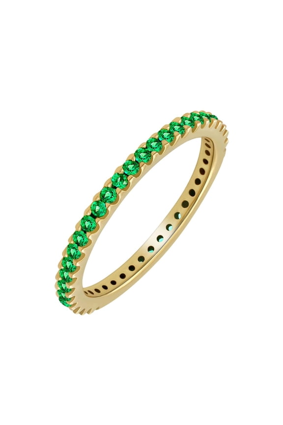 18K Yellow Gold Plated Stackable Lab Created Emerald Ring For Women - Thin Band For Stacking - Lab Grown Emerald Light Weight Wedding Eternity Band Size 10