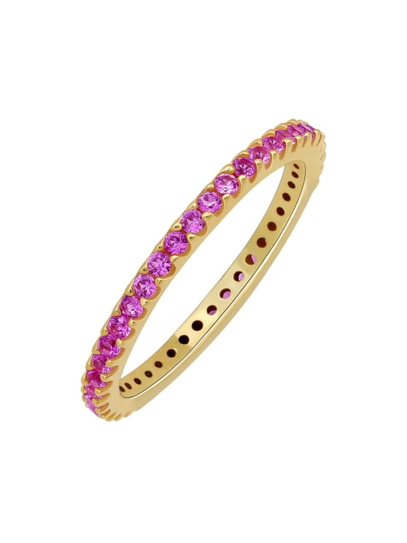 18K Yellow Gold Plated Stackable Lab Created Pink Sapphire Ring For Women - Thin Band For Stacking - Lab Grown Pink Sapphire Light Weight Wedding Eternity Band Size 10