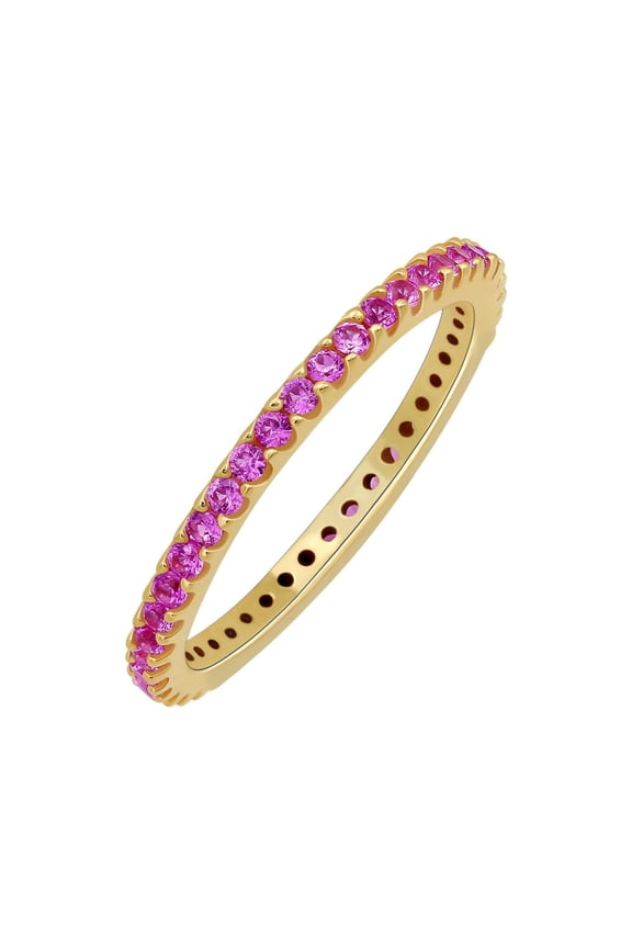 18K Yellow Gold Plated Stackable Lab Created Pink Sapphire Ring For Women - Thin Band For Stacking - Lab Grown Pink Sapphire Light Weight Wedding Eternity Band Size 6