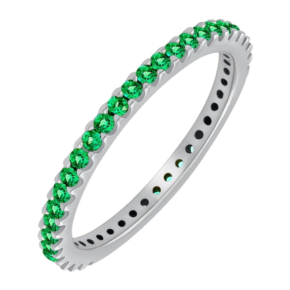 GOURIK White Gold Plated Stackable Lab Created Emerald Ring For Women - Thin Band For Stacking - Lab Grown Emerald Light Weight Wedding Eternity Band Size 8