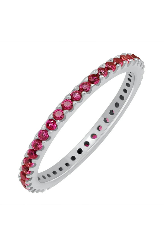 White Gold Plated Stackable Lab Created Ruby Ring for Women - Thin Band for Stacking - Lab Grown Ruby Light Weight Wedding Eternity Band Size 7.5