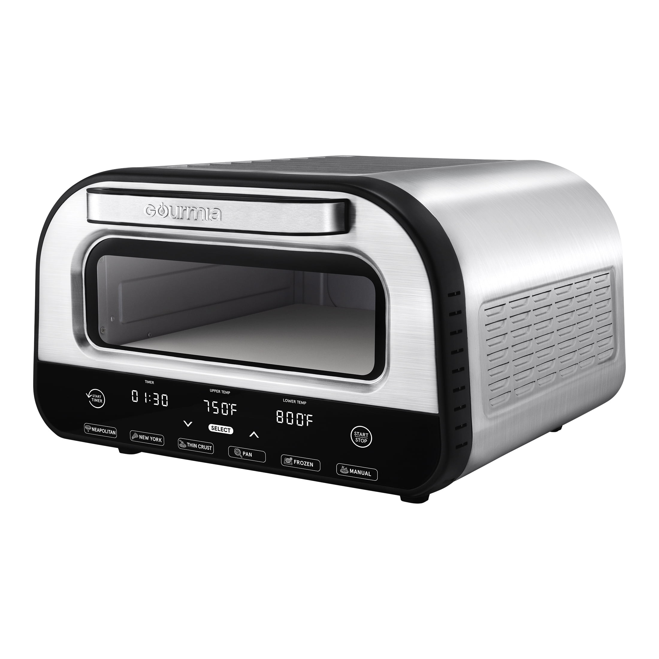 Gourmia Indoor 12" Pizza Oven with Cordierite Stone, Dual Adjustable Burners, 6 Pizzeria Style Presets, Stainless Steel