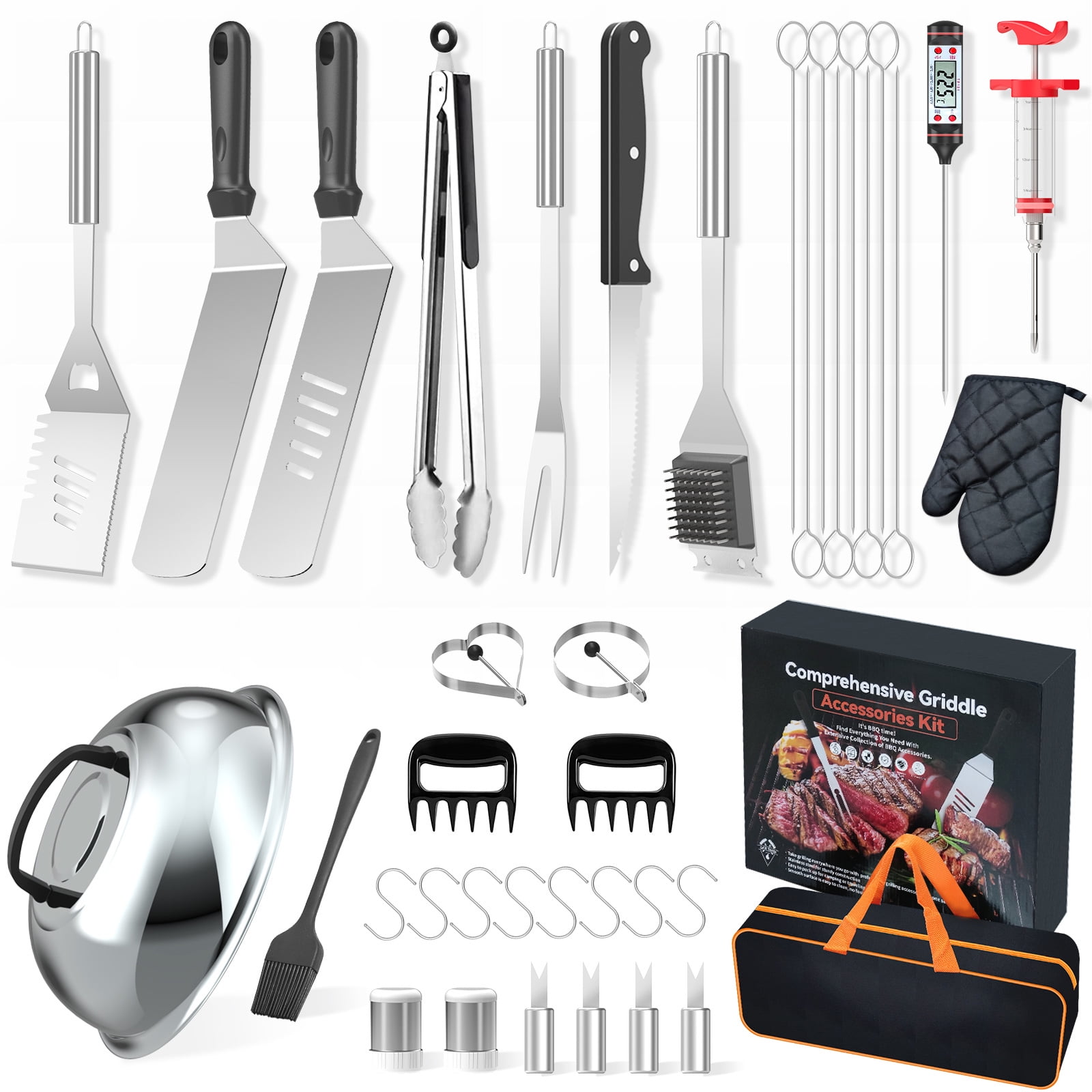  Griddle Accessories, 37 PCS Stainless Steel Grilling Kit, Flat  Top Grill Accessories for Blackstone and Camp Chef, Barbecue Utensil Gift  with Basting Cover, Thermometer, Meat Injector & Meat Claws 