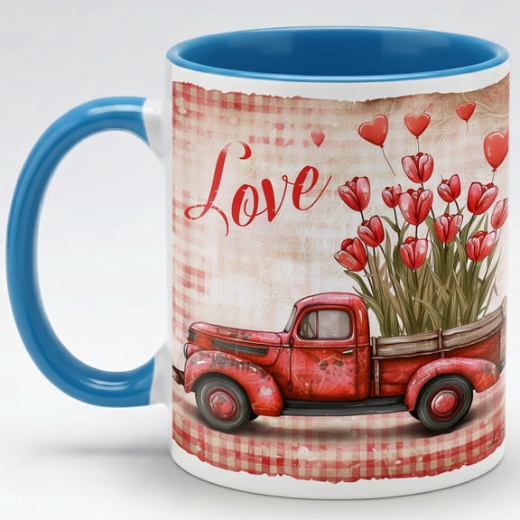GOVISLAND Farmhouse Vintage Love Ceramic Mug with Red Truck and Tulip Bouquet, Rustic Country Valentine Coffee Cup