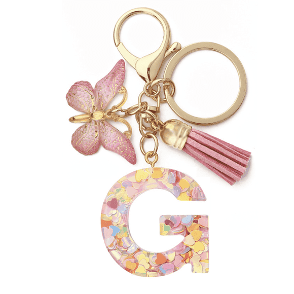 26 Letter Keychain Initial Keyring Alphabet Resin Flower Key Chain with Butterfly Tassel Pendant Handbag Purse Charm Pink Petal