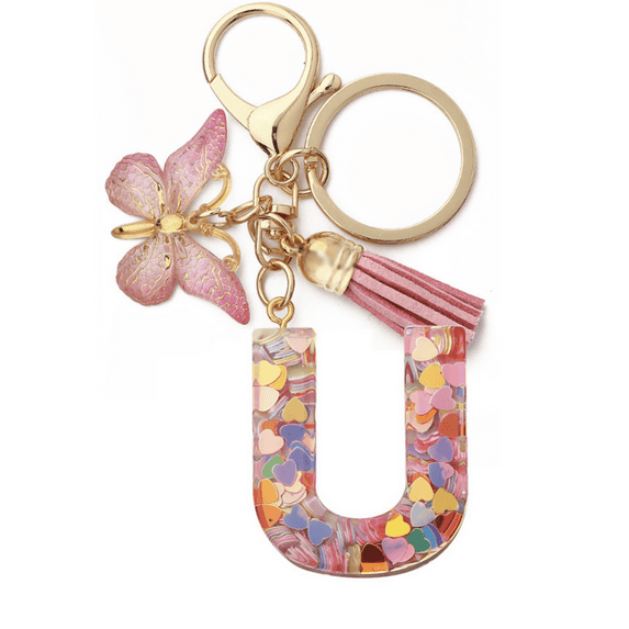 GOVSONE 26Letter Keychain Initial Letter Keyring Alphabet Resin Flower Key Chain with Butterfly Tassel Pendant Handbag Purse Charm Pink Petal Keyring