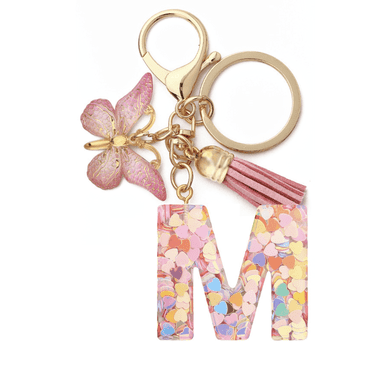 GOVSONE 26Letter Keychain Initial Letter Keyring Alphabet Resin Flower Key Chain with Butterfly Tassel Pendant Handbag Purse Charm Pink Petal Keyring