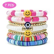 GOVSONE 7Pcs Heishi Surfer Bracelets Preppy Happy Smile Evil Eye Beaded Y2K Kidcore Aesthetic Jewelry for Women