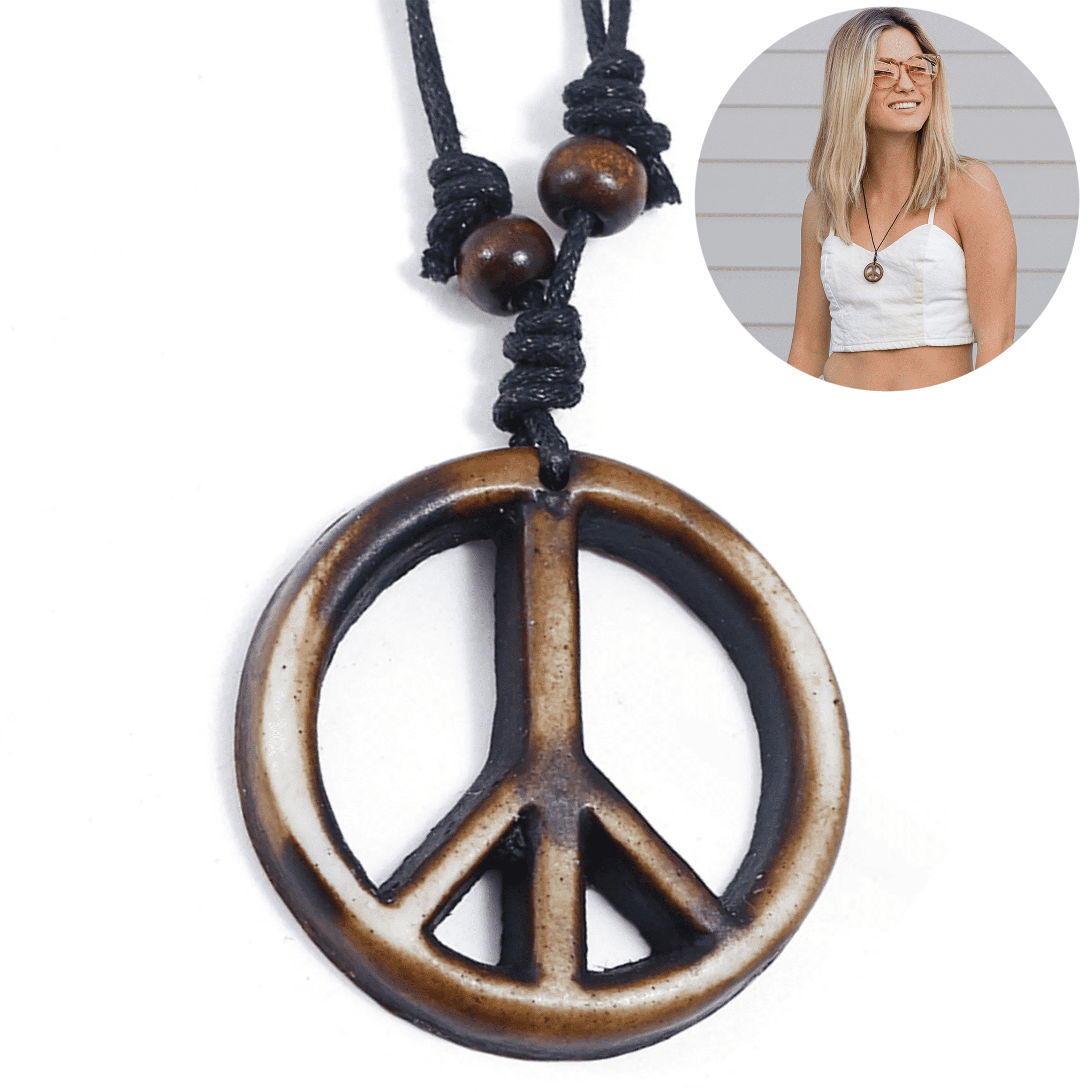 GOVSONE Adjustable Peace Necklace with Organic Wood Hippie