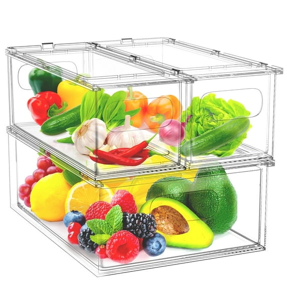GOVVEP 3 Pack Fridge Organizer Stackable Refrigerator with Pull-Out Drawers for Fruit and Veggies with Handle