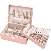 Jewelry Box Organizer Mothers Day Gifts, 2-Tier Large Storage Case with Removable Pad, PU Leather Jewelry Organizer, Pink