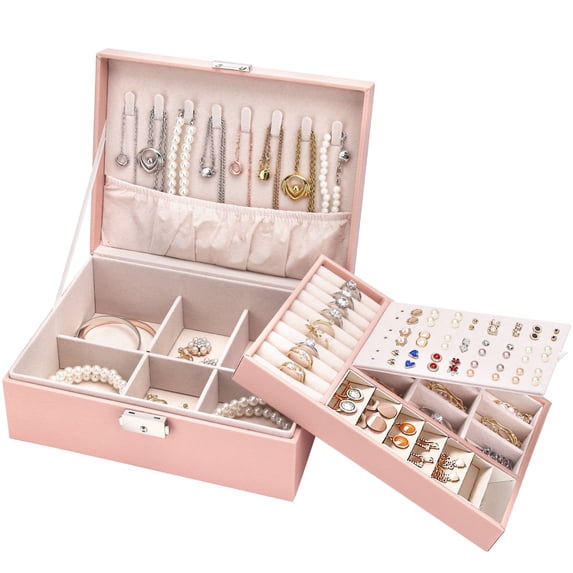 Govvep Jewelry Box Organizer Mothers Day Gifts, 2-Tier Large Storage Case with Removable Pad, PU Leather Jewelry Organizer, Pink