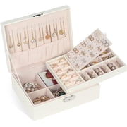 Jewelry Box, 2 Layers Large Leather Jewelry Organizer Storage Case with Removable Pad for Earrings, Mother's Day Gift, White