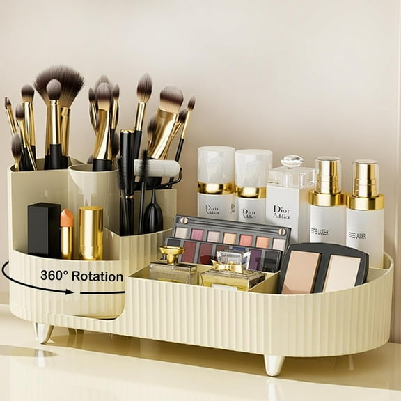 Govvep Makeup Organizer, Dresser Rotating Cosmetic Organizer with Brush, Holder for Perfume Jewelry Lipstick Makeup Skin Care Organizer, Ivory