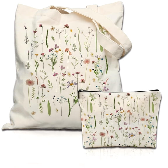 GOWELL Aesthetic Cotton Tote Bag with Inner Pocket for Women, Large Capacity Cute Sturdy Reusable Lady Canvas Tote Bag for Vacation, Shopping, Grocery, Gym (2 PCS)