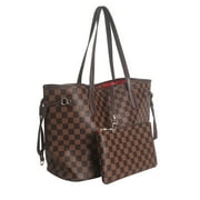 GOWELL Fashion Womens Checkered Tote Handbag, PVC Leather Shoulder Bag with Inner Pouch, Big Capacity, Waterproof and Wearable (Brown Inside Cherry)