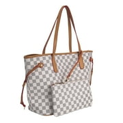 GOWELL Fashion Womens Satchel Purse Handbag Checkered Tote Shoulder Bag With Inner Pouch, PVC Leather Checkered Cossbody Bag, Big Capacity Handbag, Waterproof And Wearable (Cream inside cherry)