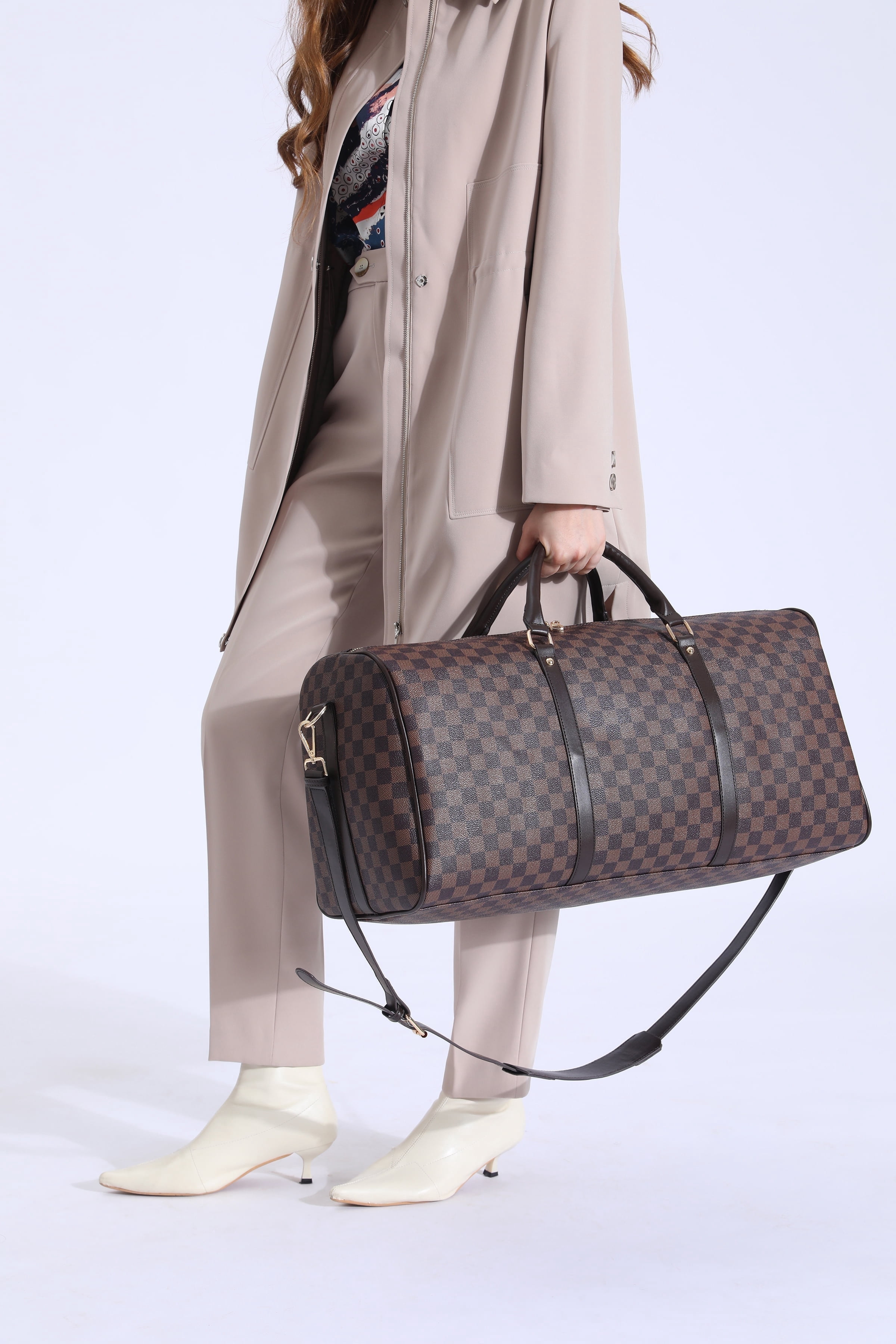 GOWELL Weekender Bags Fashion Checkered Travel PU Leather Weekender ...