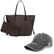 GOWELLWomens Handbags Checkered Tote Shoulder Bags Fashion Large Travel Shoulder Purses With Wristlet Clutch 2 in 1 Bag Set-Brown (2021)
