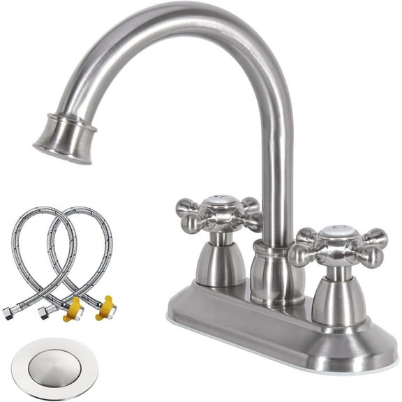GOWIN Brushed Nickel Bathroom Faucet with Drain Assembly and Supply Hose, 2-Handle 4 Inch Centerset Faucet for bathrooms,High Arc Swivel Spout Bathroom Sinks Faucet