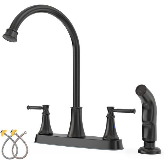 GOWIN Kitchen Faucet,2 Handle Kitchen Sink Faucet with Side Sprayer,3 or 4 Hole Kitchen Faucet for Rv Camper Sinks,High Arc Stainless Steel 8 Inch Centerset Faucet Matte Black