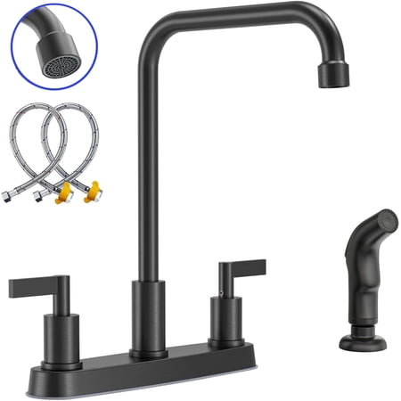 GOWIN Kitchen Faucet with Sprayer,Black Kitchen Faucet,2 Handle Kitchen Sink Faucet,4 Hole Kitchen Kaucets,Kitchen Faucets for Sink 3 Hole,Stainless Steel Touch Kitchen Faucet with Side Sprayer