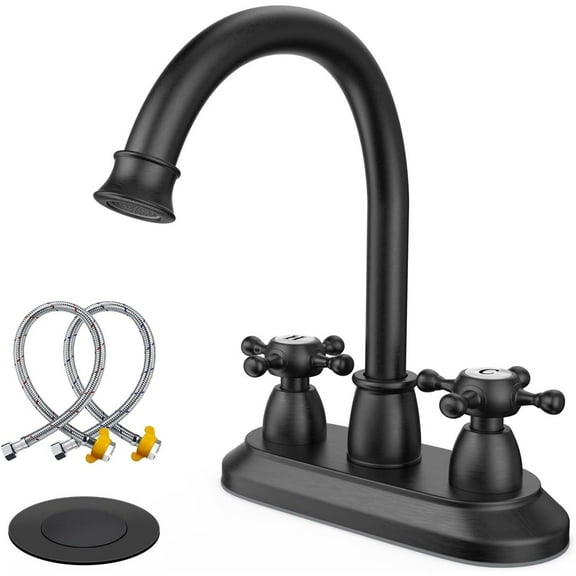 GOWIN Matte Black Bathroom Faucet 4 Inch High Arc Swivel Spout Bathroom Faucets for Sink 3 Hole Stainless Steel Lead-Free 2-Handle Centerset Faucet for Sink Vanity