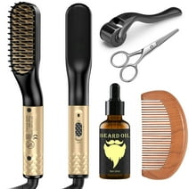 GOWINSEE Beard Straightener for Men,Quick Electric Heated Beard Straightener Brush Comb with Beard Growth Oil, Microneedle Roller, Beard Scissors, Gifts for Men