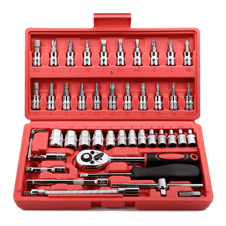 GOXAWEE 46 Pieces 1/4 inch Drive Socket Ratchet Wrench Set with Torque Tools, Bit Socket Set Metric, and Extension Bar - Ideal for Auto Repairing and Household Use