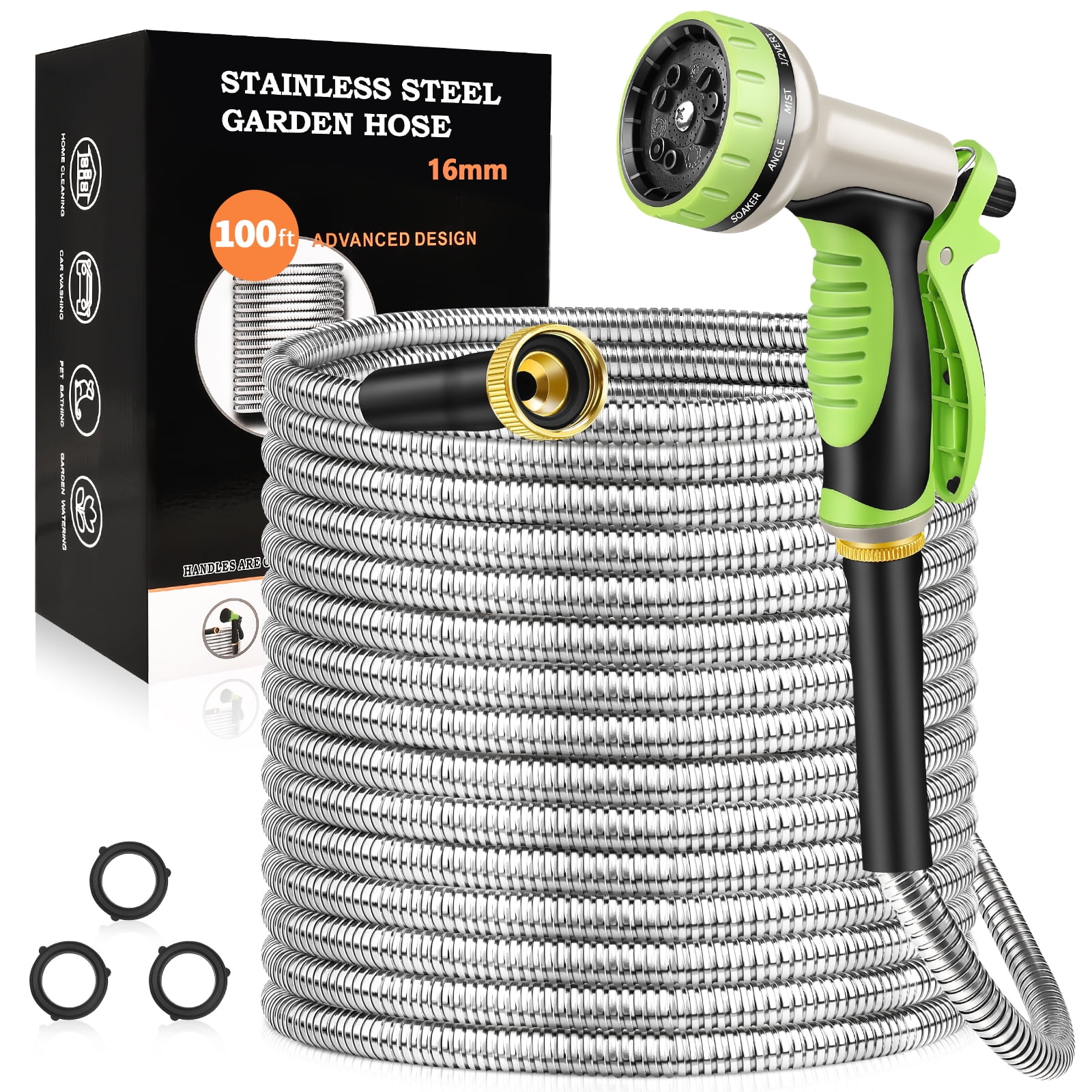 GOXAWEE Garden Hose 100FT, Stainless Steel Heavy Duty Water Hose With ...