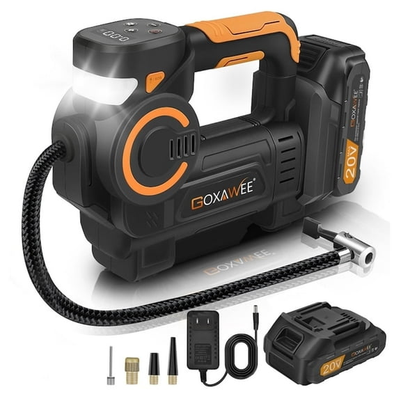 GOXAWEE Tire Inflator Portable Air Compressor - DC 21V Tire Air Pump with Digital Screen, LED Light, 3 Lighting Modes, 150PSI Digital Pressure Gauge for Car, Bike, Ball, Motor, G5603
