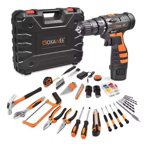 GOXAWEE 112-Piece Tool Set - Tool Kit with 12V Cordless Drill Driver in Storage Case, General Household Drill Set for Home/Auto Repairs, Handyman, DIY Projects