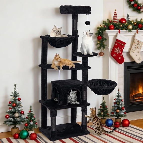 GOXIFACHOY Tall Cat Tree,63in Multi-Level Cat Tower for Indoor Cats Large Adult,Gothic Cat Stand with Scratching Posts,Basket,Condo,Plush Perch,Cats Toys for Climbing,Interactive and Hidden,Black