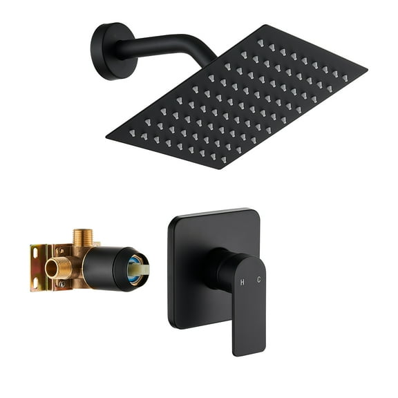 GOXIUHAN Black Shower Faucet Single Function Trim Kit with Rough-in Valve Set Bath Rainfall Shower System 8inch Square Stainless Steel Metal Shower Head