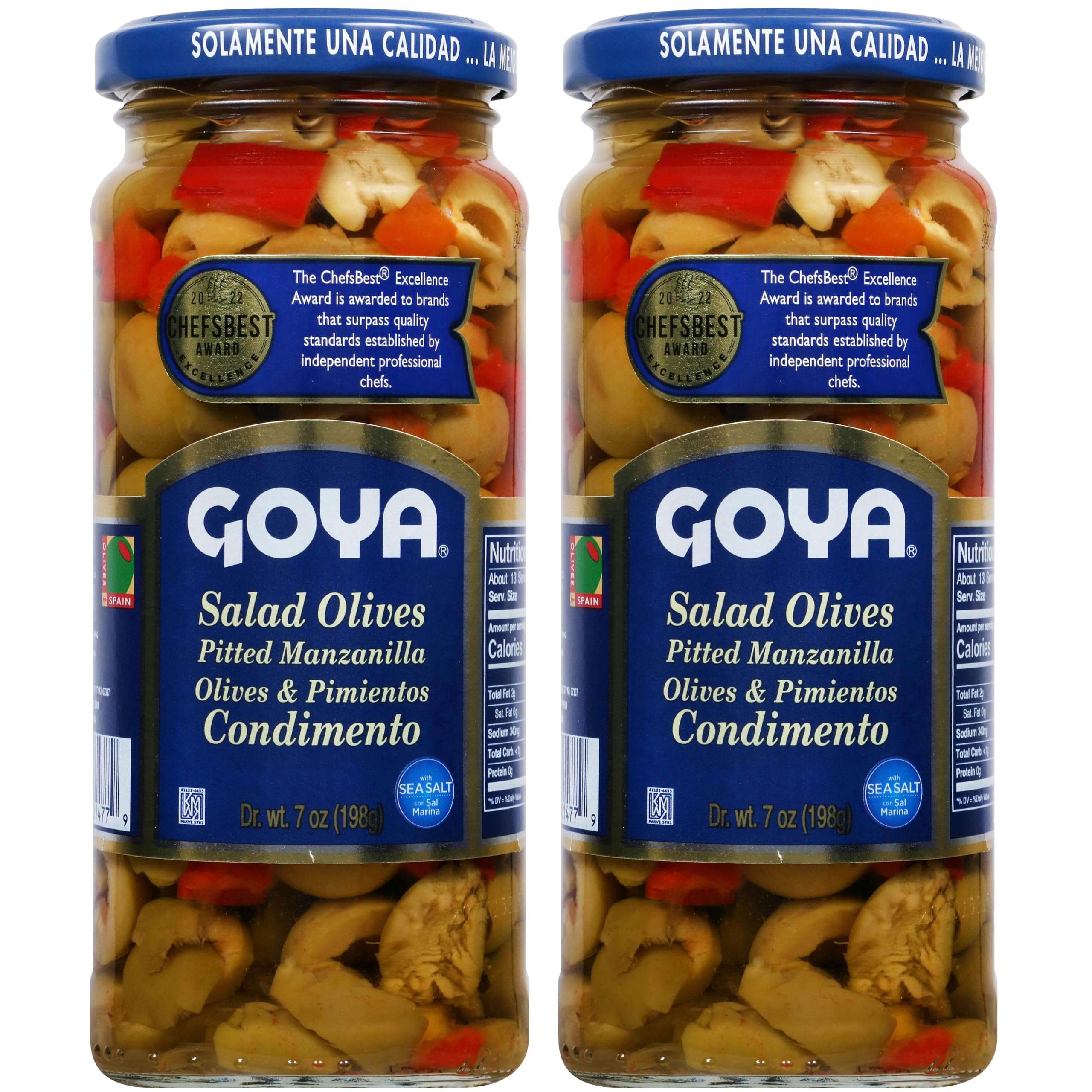 GOYA Salad Olives, Pitted Manzanilla Spanish Olives with Pimientos, 7 Ounce (Pack of 2)
