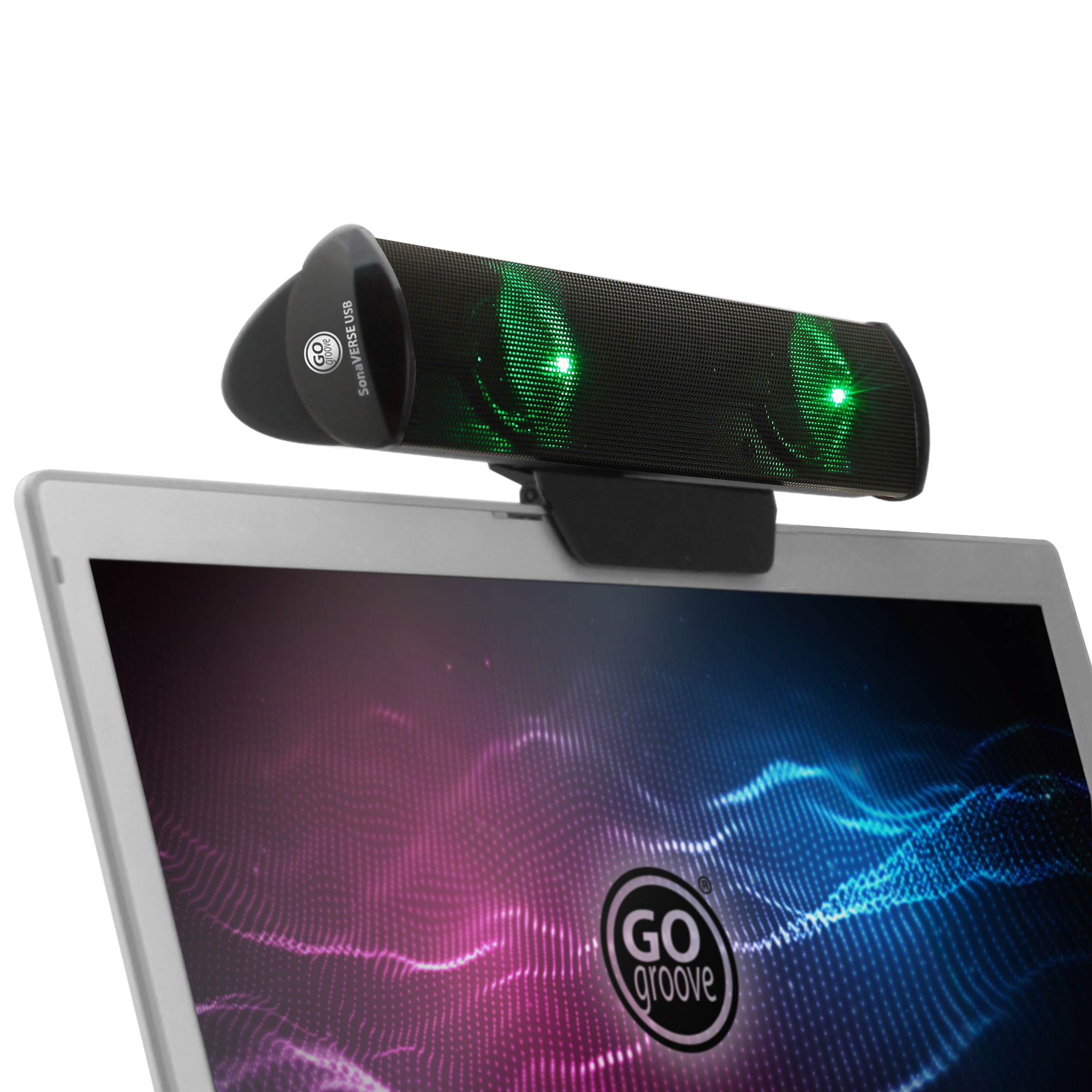 GOgroove SonaVERSE LED Speaker for Laptop Computer - USB Powered Clip-on Sound Bar with Mini Portable External Speaker Design for Monitor, Back Switch for Power - Audio Input and Power (Green)