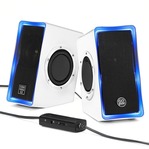 GOgroove SonaVERSE O2i Speakers for PC with AUX Input, Volume Dial, Stereo Audio (White with LEDs)