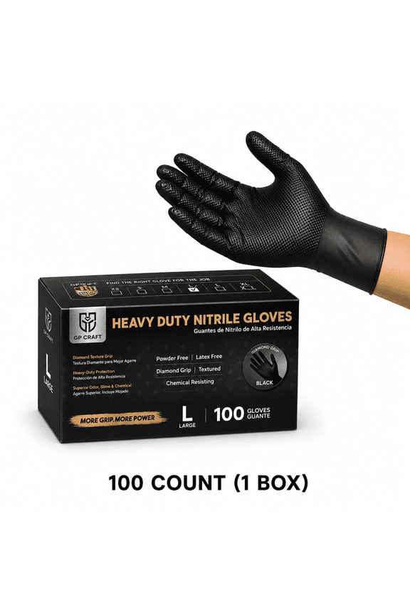 8Mil Heavy Duty Black Nitrile Gloves, Diamond Textured Grip, 100 Count