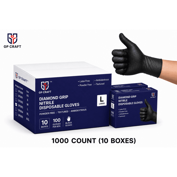 GP Craft 8Mil Black Nitrile Gloves Heavy Duty Diamond Textured Grip Industrial Work Hand Cover 100 Count