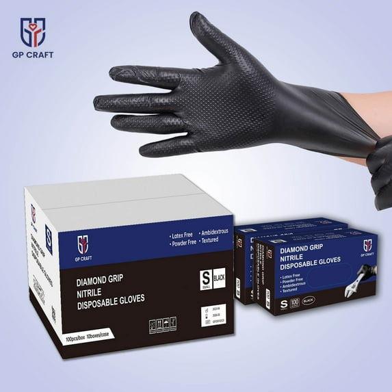 GP Craft 8Mil Diamond Textured Black Nitrile Gloves (Automative Work) Cleaning Hand Cover