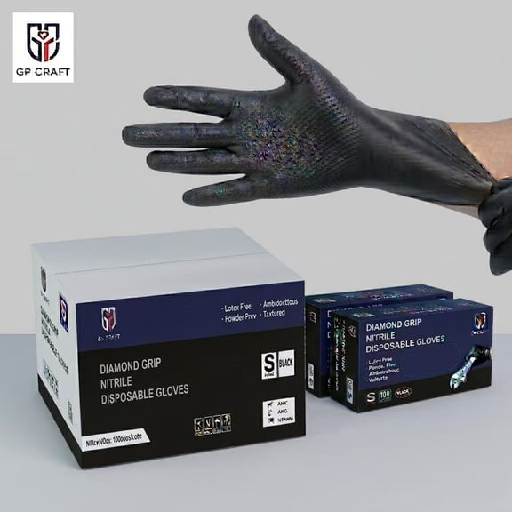GP Craft  8Mil Diamond Textured Black Nitrile Gloves (Automative Work) Cleaning Hand Cover