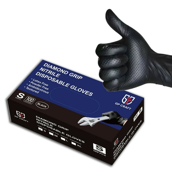 100pcs GP Craft  8Mil Diamond Textured Black Nitrile Gloves (Automative Work) Cleaning Hand Cover