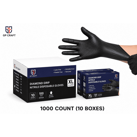 GP Craft  8Mil Diamond Textured Black Nitrile Gloves (Automative Work) Cleaning Hand Cover