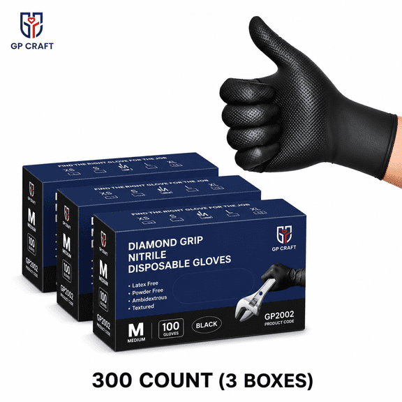 GP Craft 8Mil Diamond Textured Black Nitrile Gloves (Automative Work) Cleaning Hand Cover