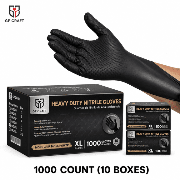 GP Craft 8Mil Diamond Textured Black Nitrile Gloves, Heavy-Duty Disposable Gloves for Automotive Work, Plumbing & Warehouse, 100 Count