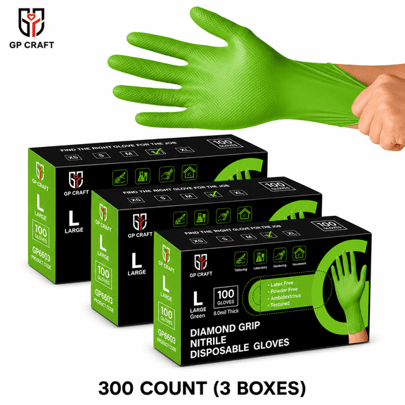 GP Craft  8Mil Diamond Textured Green Nitrile Gloves (Automative Work) Cleaning Hand Cover
