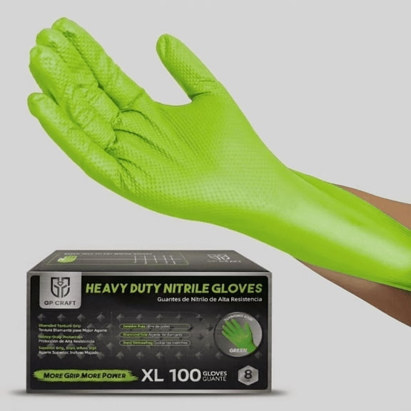 GP Craft Green Nitrile Gloves 8Mil Heavy Duty Diamond Textured Automotive Work 100 Count