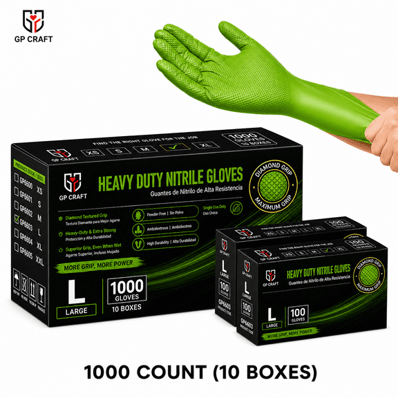 GP Craft Heavy Duty 8Mil Green Nitrile Gloves Diamond Textured Grip Automotive Hand Protection 100 Count