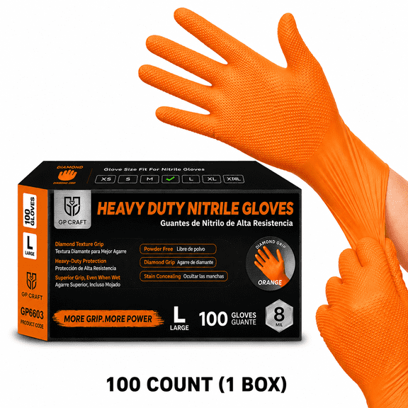 GP Craft Orange Nitrile Gloves 100 Count Single Box Multi-Purpose High-Visibility Workshop Garage Hand Protection L